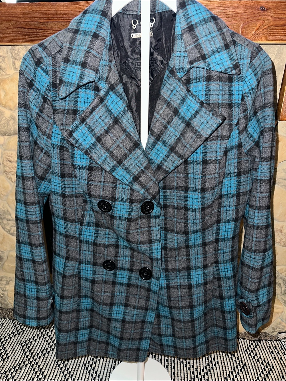 Jou Jou Teal and Gray Plaid Double-Breasted Pea Coat